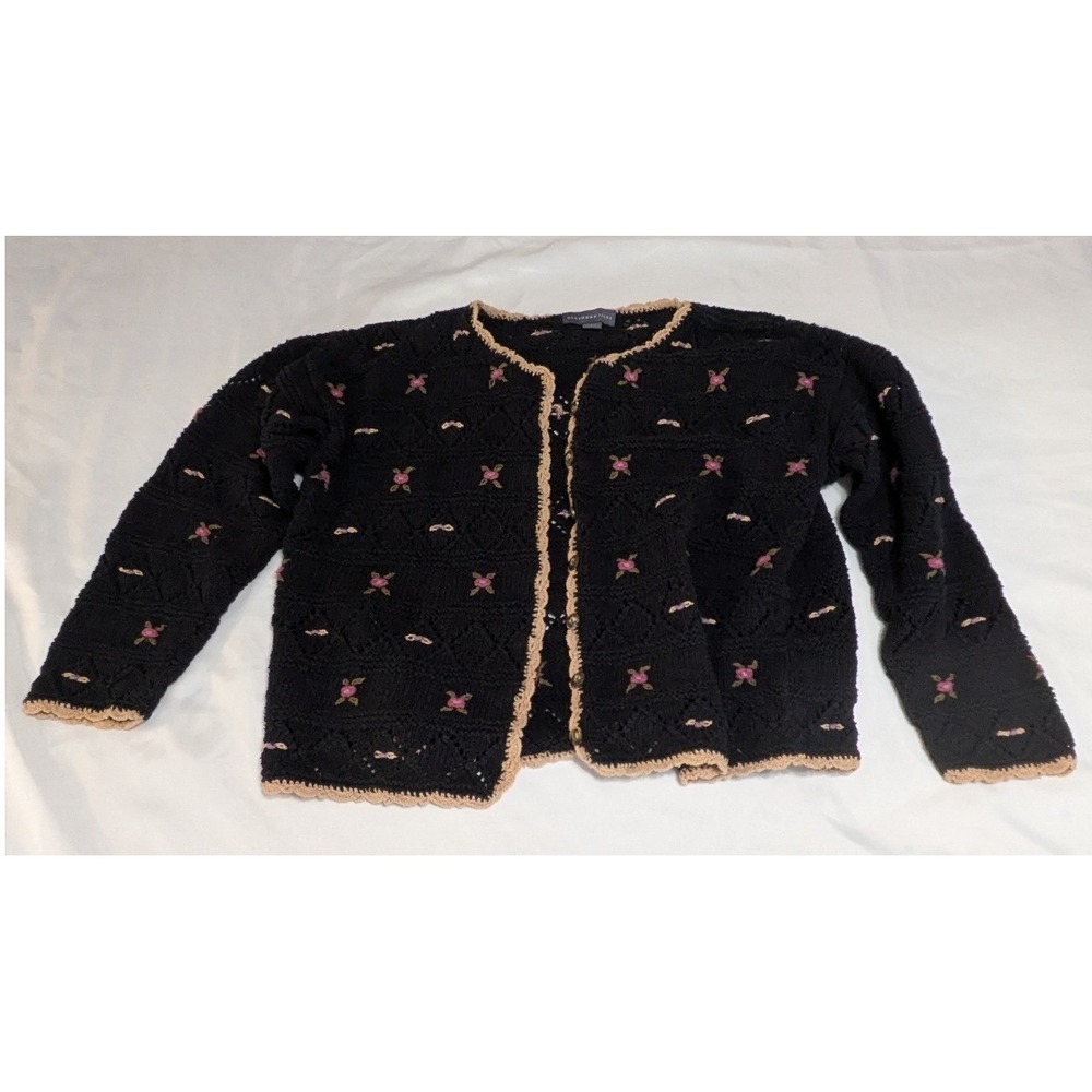 Northern Isles Cardigan Women Large Black Excellent Floral Embroidered Knit Bows